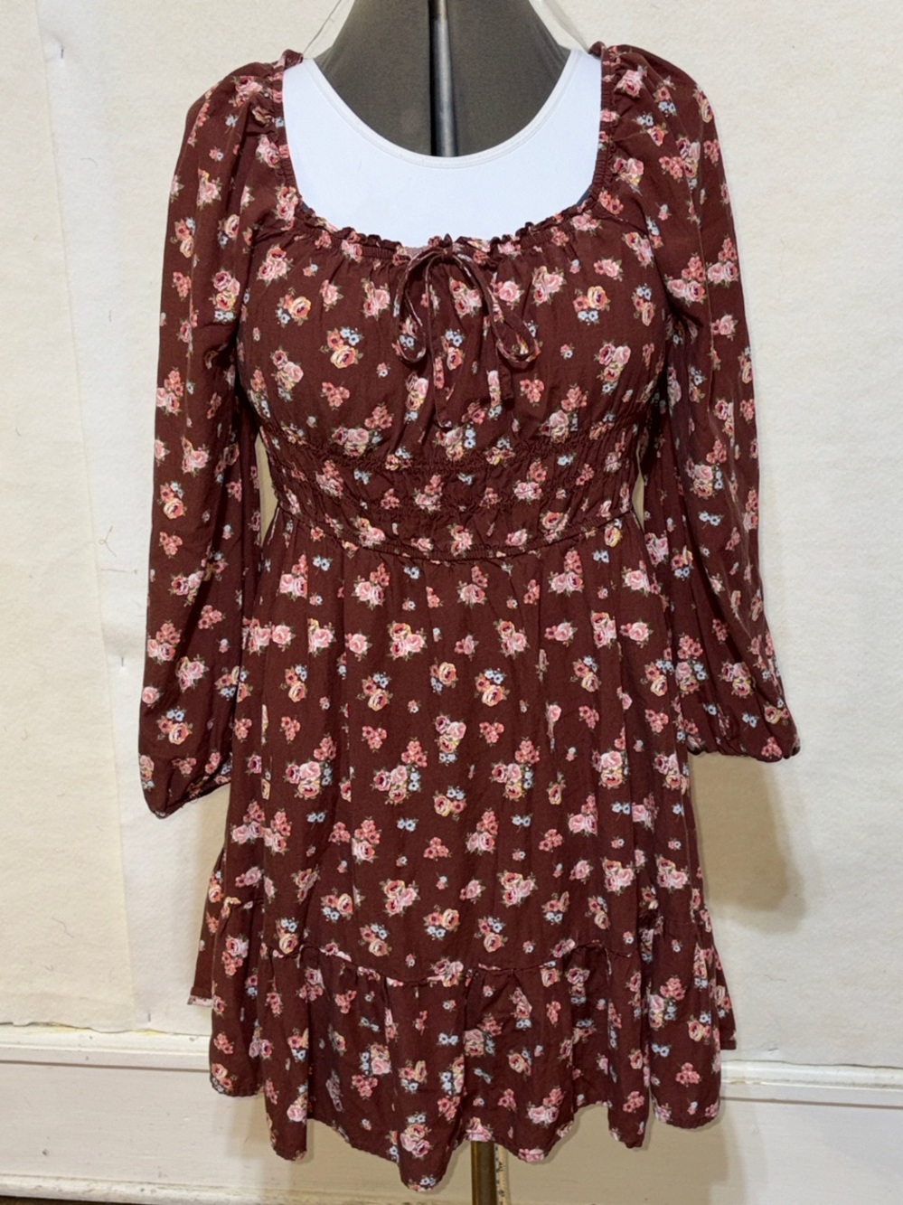 Celebrity Pink Brown Floral Long-Sleeve Smocked Dress